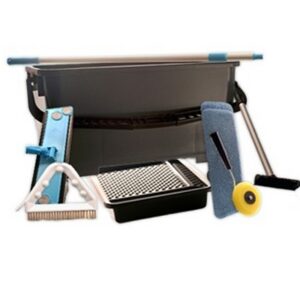 Grout cleaning system stand-up tool for scrubbing grout lines